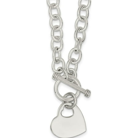- 925 Sterling Silver Engraveable Heart Disc on Fancy Link Toggle Necklace
