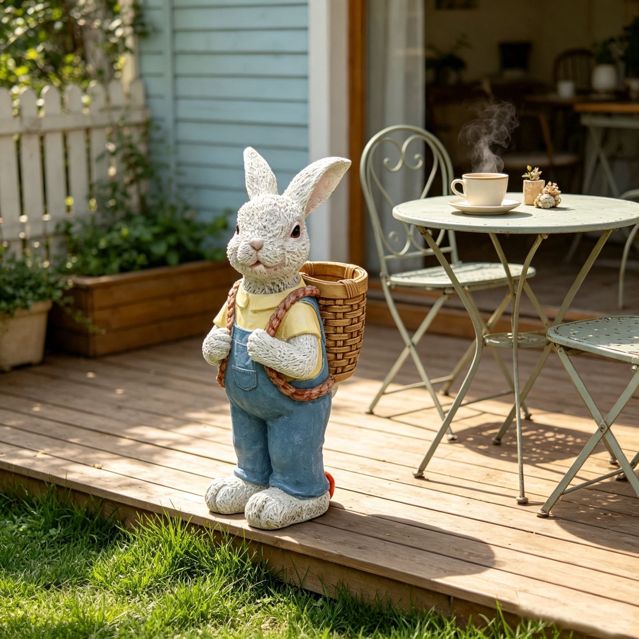 GDF Studio 16" Whimsical Rabbit Garden Statue with Flower Pot Backpack, Weatherproof Resin Crafts Sculpture Decor