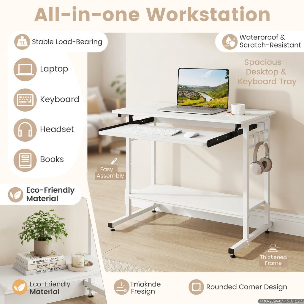 Demi Bonn Rolling Laptop Table with Pull-out Keyboard Tray and Hooks, Mobile Storage Desk for Home Office Bedroom Dorm, Smooth Casters with Brakes, White