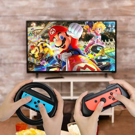 HEYSTOP Wheel Controller for Nintendo Switch & Switch OLED Model 2021 (4 Pack) Joy Con Controller Grip and Switch Steering Wheel for Mario Kart (Black)
