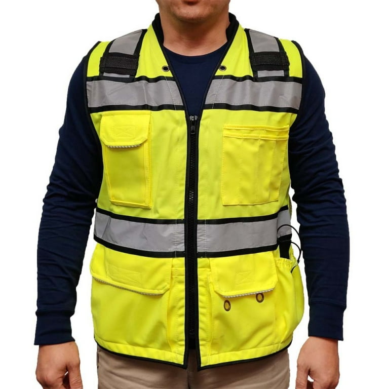 3C Products Premium Heavy Duty ANSI Class 2 Surveyor's Safety Vest w/ Can  Holder, Tablet Pocket, Large Zipper Back Pocket, Padded Collar and Much  More Safety Green with Black Contrast - SV3500-S 