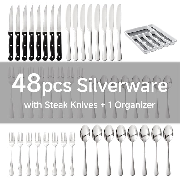 KINGSTONE 49-Piece Black Silverware Set for 8, Stainless Steel Flatware with Organizer and Steak Knives, Dishwasher Safe