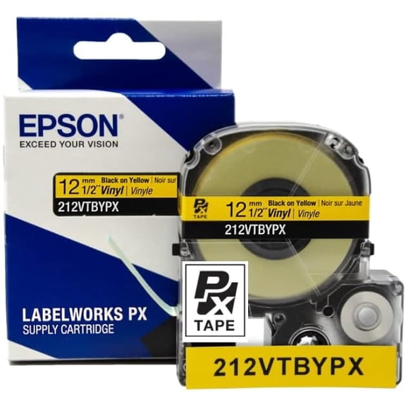 Epson LABELWORKS 212VTBYPX - Black on Yellow Vinyl Label Maker Tape - 1/2" (12MM) Wide, 22.9 ft
