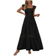thumbnail image 2 of ITSAME Women's Smocked Dress, Ruffles Strap Pleated Lace Square Neck Summer Boho Beach Maxi Dress Black S, 2 of 9