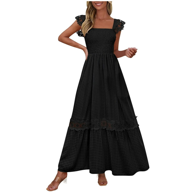 ITSAME Women's Smocked Dress, Square Neck Pleated Lace Ruffles Strap Summer  Boho Beach Maxi Dress Black L - Walmart.com
