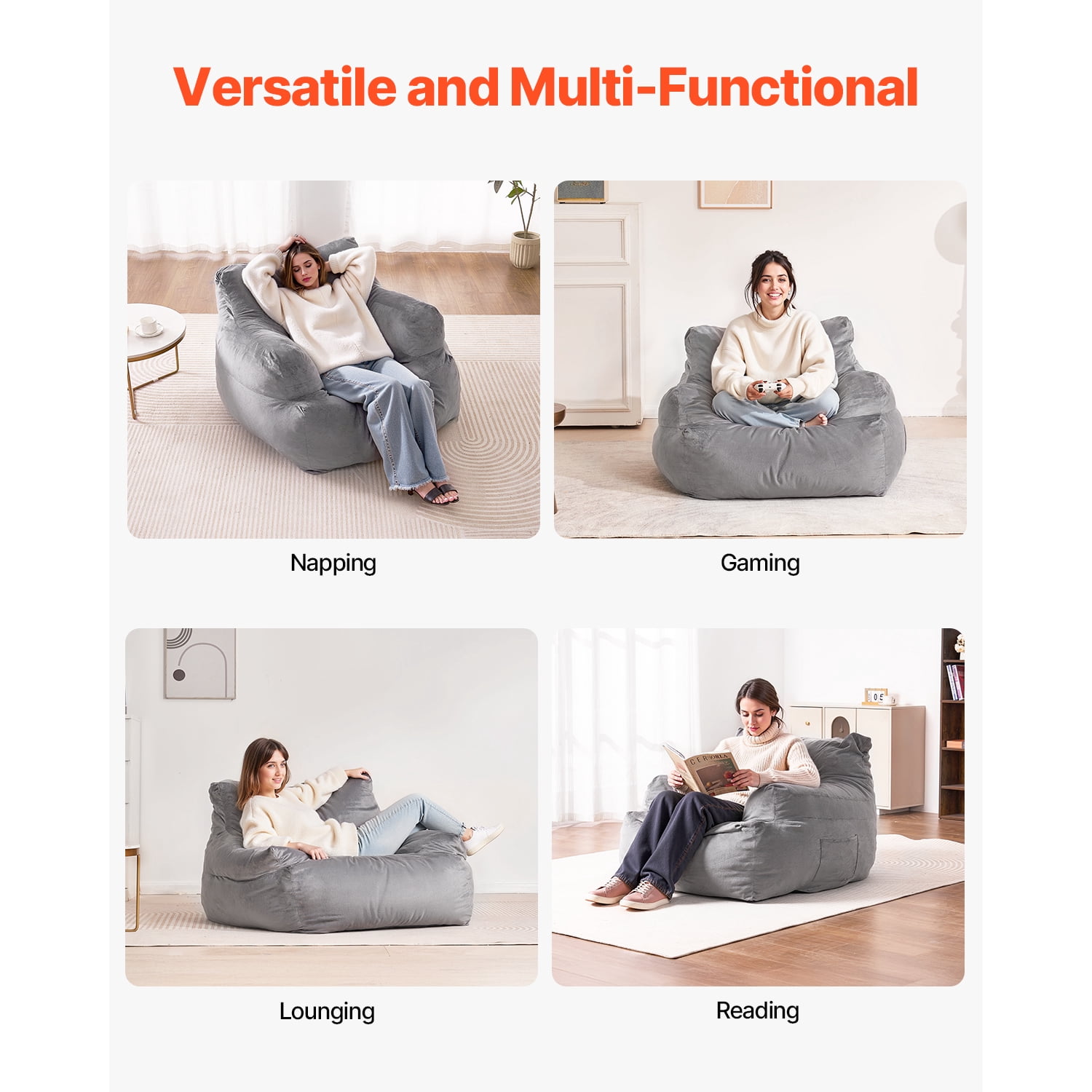 KFFKFF Bean Bag Seat, Armchair Style BeanBag for Grown-ups, Soft Plush & Dense Foam Stuffed Adult Bean Bag with Zapper, Cozy Lounging Chair Perfect for Lounge, Bedroom, in Grey