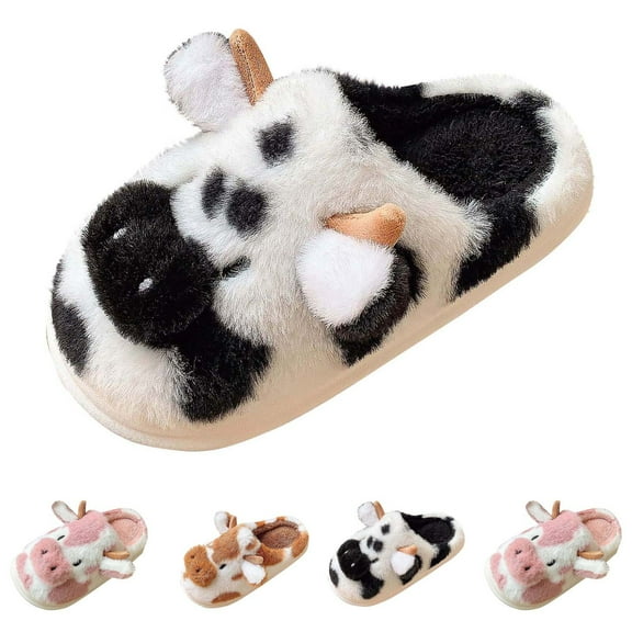 Xfvqtps Fuzzy Cow Slippers for Women Men Fluffy Plush Cozy Cotton House Slippers for Indoor Bedroom Warm Furry Slipper for Winter Spring Fall Black