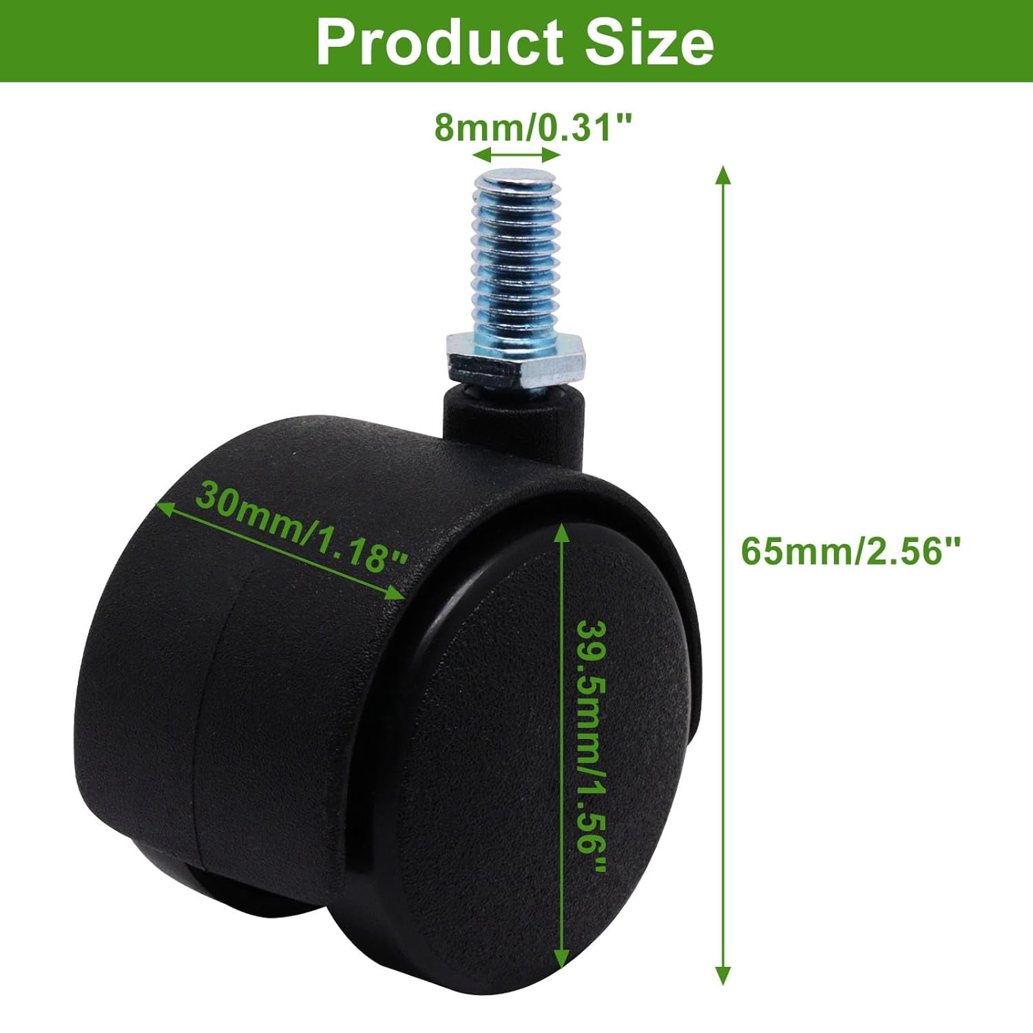 FRKSMD-Plastic Caster Wheels 1.5 Inch, M8 Threaded Swivel Casters Set of 4, Black Nylon Replacement Casters Wheels for Furniture Table Cabinet Office Chair