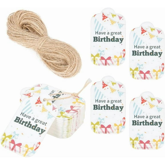 1set 150pcs Happy Birthday Paper Gift Tags Hange Tags For Arts and Crafts with 20M Jute Cord White 50x30x0.4mm Hole: 3mm