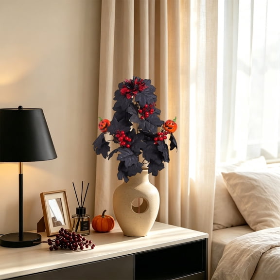 Halloween Artificial Maple Leaf Hanging Decor, Fall Pumpkin Stem Arrangement, Faux Autumn Floral Branches, Seasonal Tabletop Ornament, Front Door Fireplace Party Home Holiday Decoration