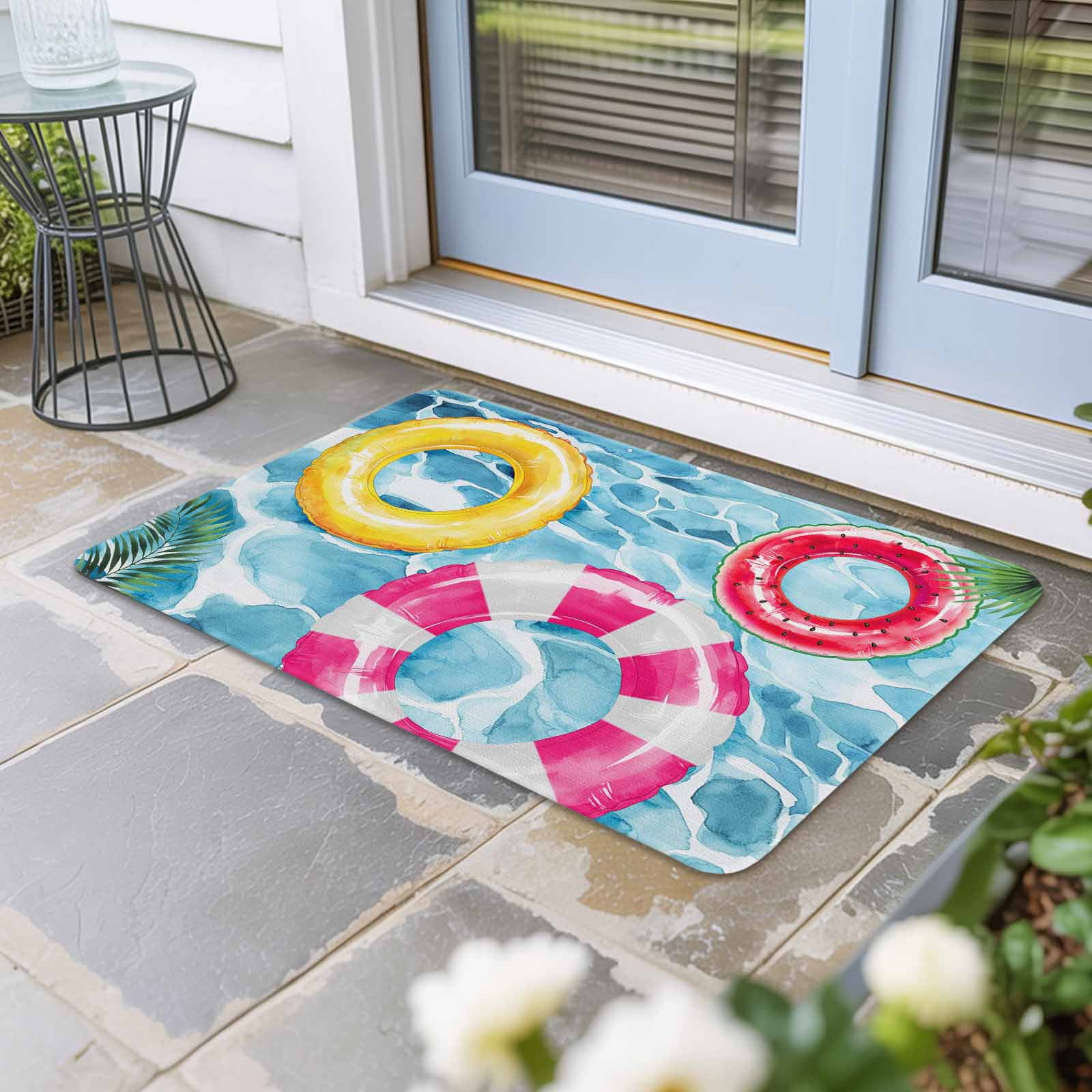 Summer Blue Pool Doormat Outdoor Entrance 24"x36", Ocean Beach Swimming Ring Vintage Absorb Moisture Dirt Door Mats, Non-Slip Rubber Backing Floor Mats Indoor, Low-Profile Front Door Rugs
