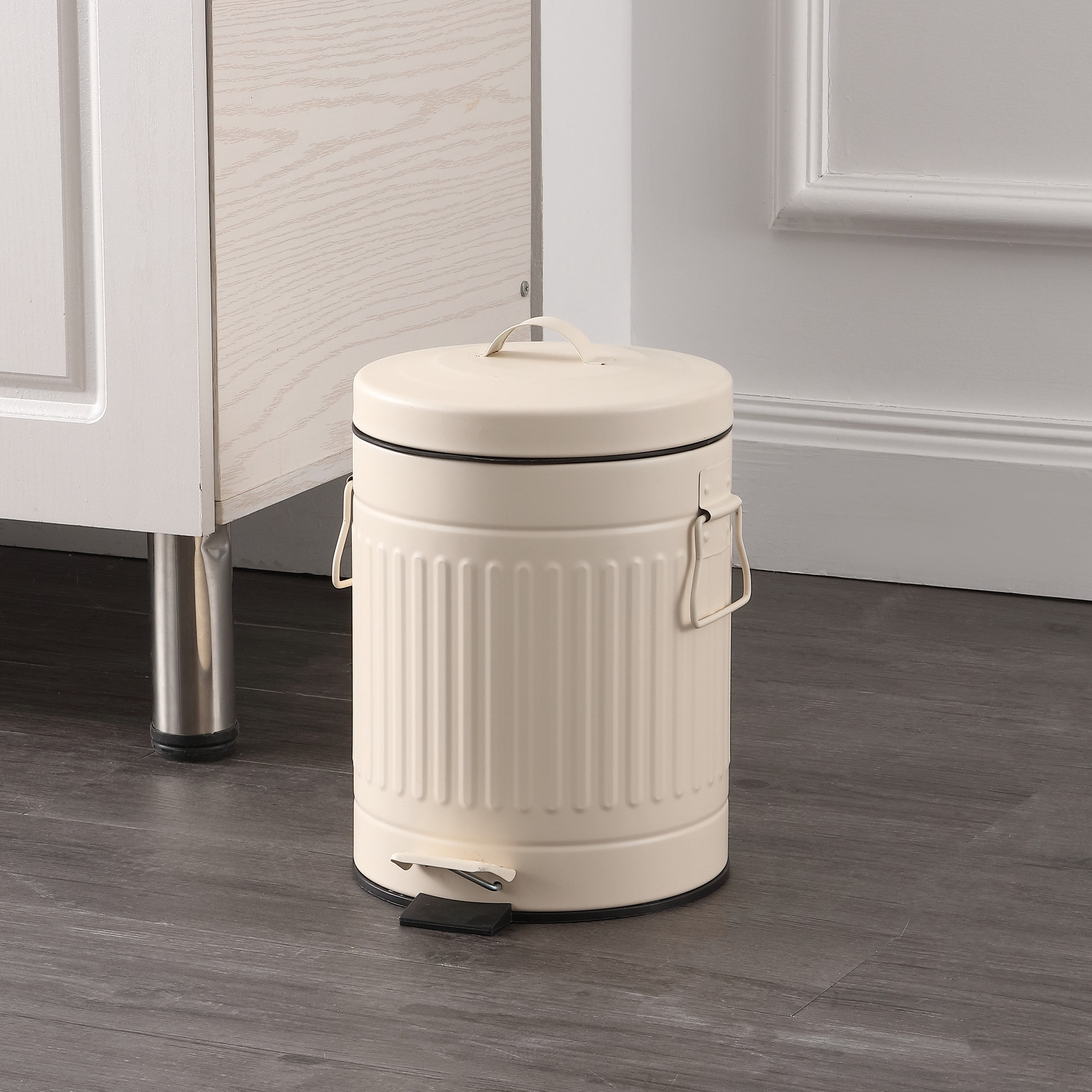 happimess Theo Retro 8-Gallon Step Trash Can with Soft-Close Lid and FREE Mini Trash Can, Limestone Beige, HPM1018C