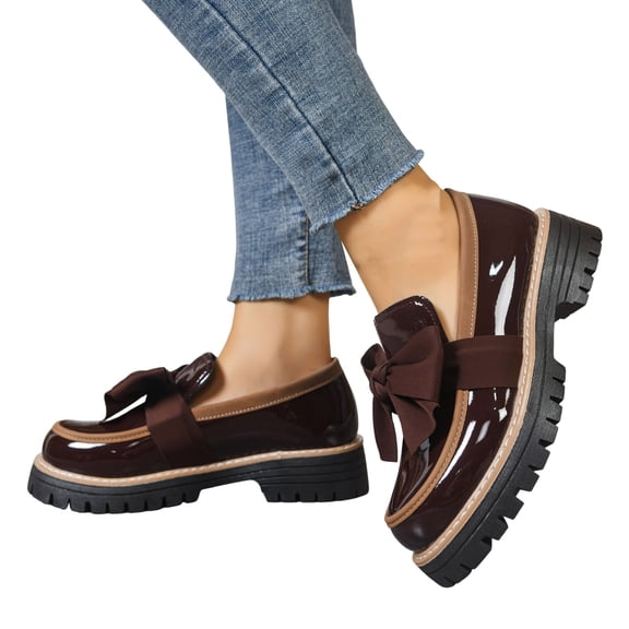 Platform Loafers for Women Casual Satin Bow Round Toe Lug Sole Leather Comfortable Slip on Dress Shoes Coffee Size 6