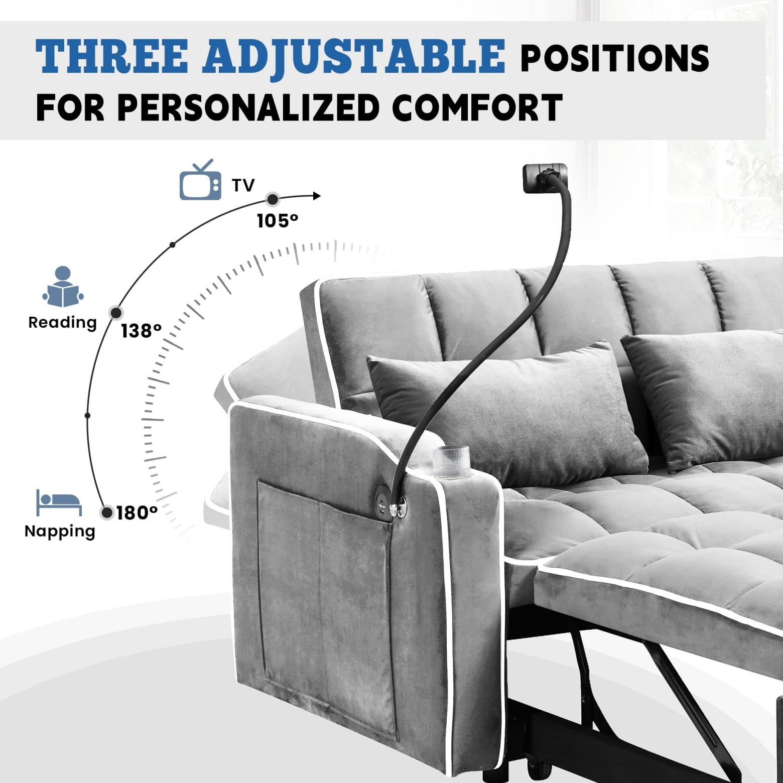 55" 3 in 1 Convertible Sofa Bed with Phone Holder, Loveseat Couch with Pull Out Bed, Space-Saving Apartment Sofa, Light Gray