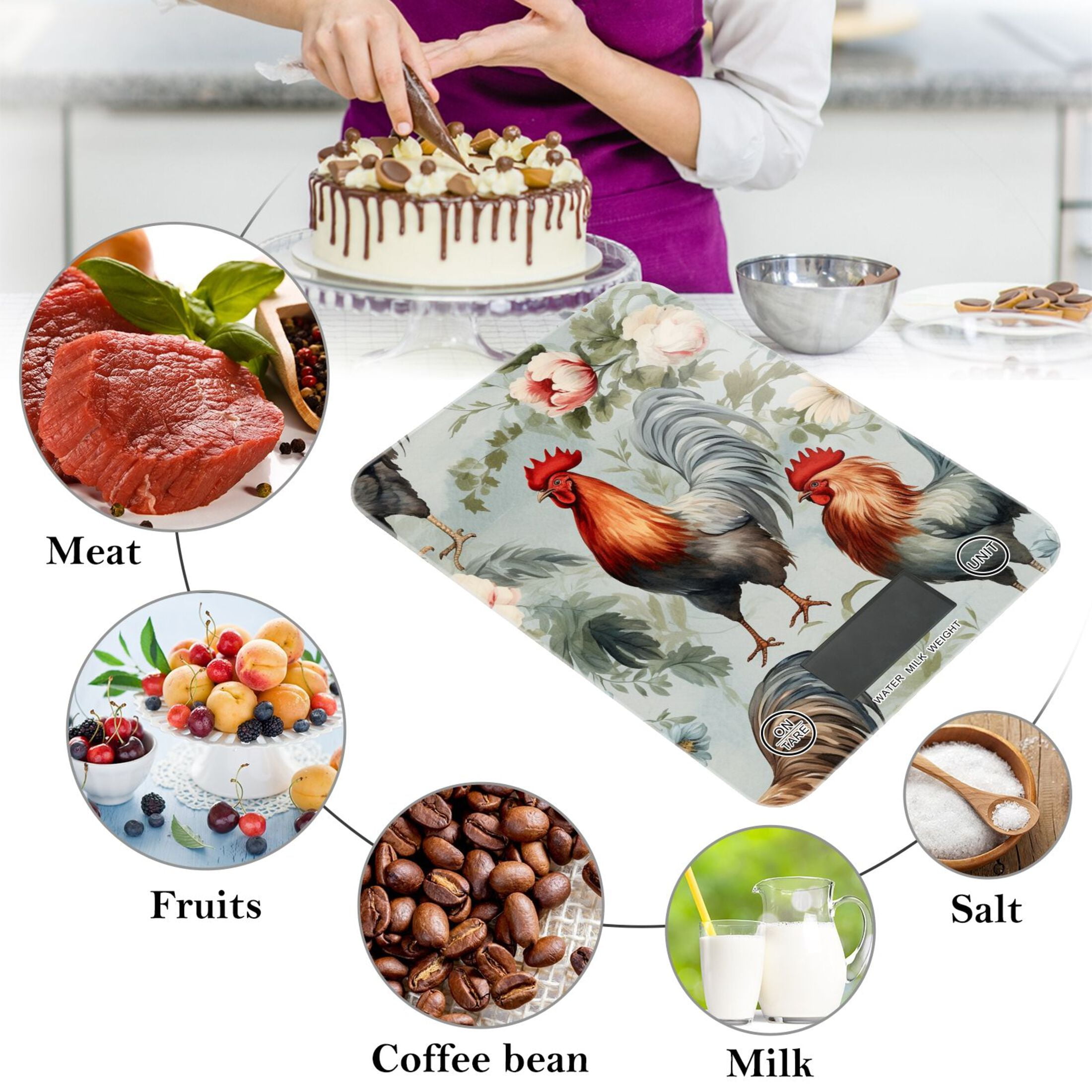 Chickens Flowers Leaves Food Scale Digital Kitchen Scale Waterproof Tempered Glass Tare Function 11 lb for Baking Cooking Meal Prep