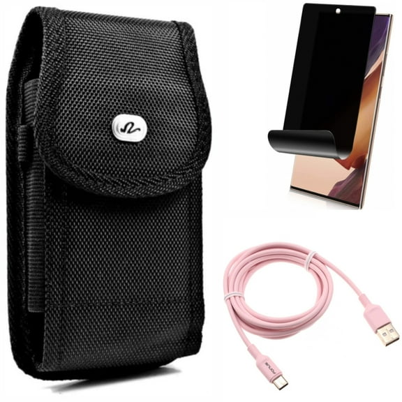 Case Belt Clip & 6ft USB-C Cable & Privacy Screen Protector for Samsung Galaxy Note 20 Ultra (6.9") - Combo with Rugged Holster & Pink Charger Cord & TPU Film Anti-Peep