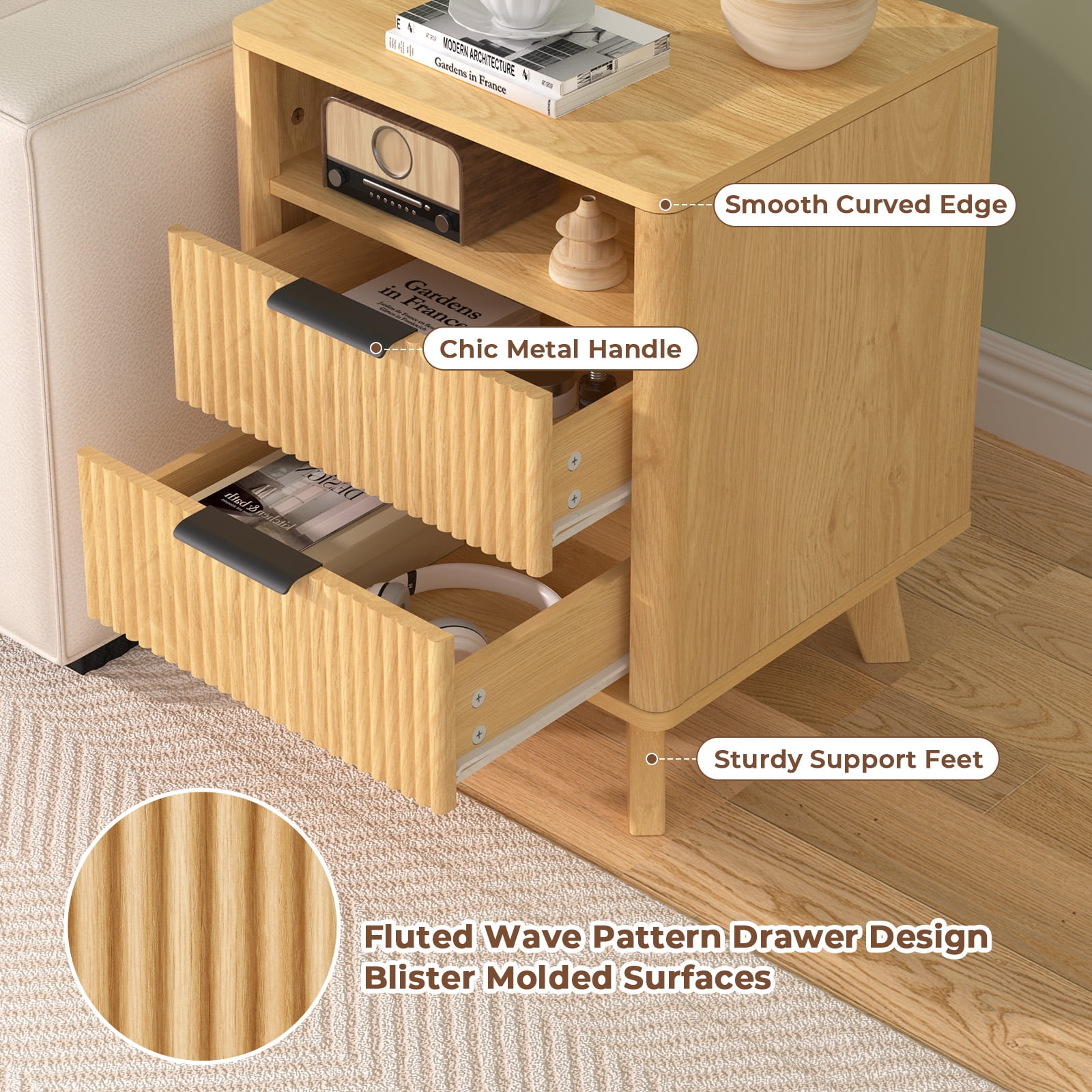 Hommpa 2 Drawers Fluted Nightstand with Charging Station, Modern Bedside Table End Side Table with Solid Legs for Bedroom Furniture Living Room Sofa, Night Stand with Storage Drawers and Open Shelf