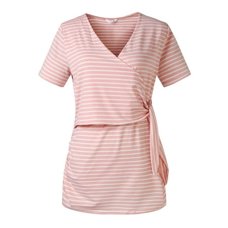 

NIUREDLTD Womens Maternity Summer Short Sleeve Striped Printed V Neck Nursing Tops Pregnancy Top For Breastfeeding