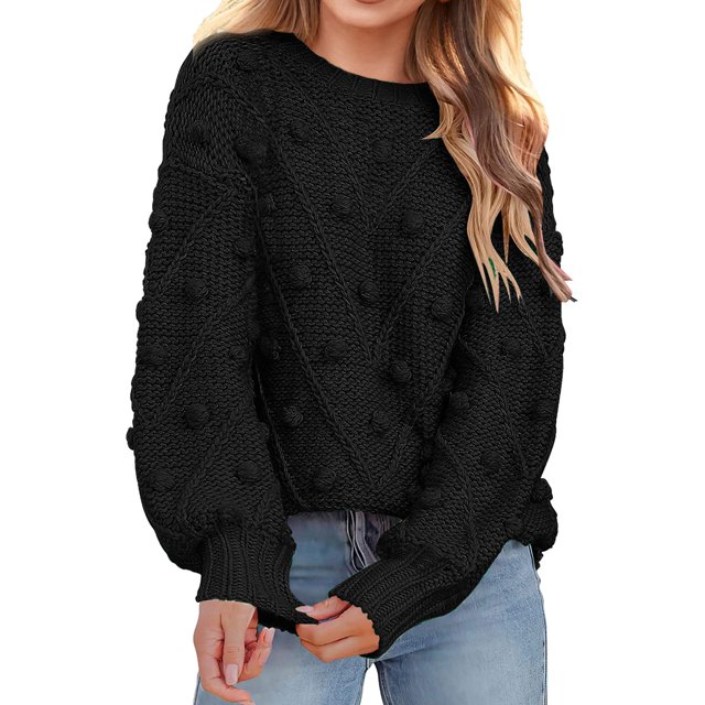 Gibobby Sueter Navideños Mujer de punto con cuello redondo para mujer, de punto con lunares, manga larga, liso, elegante, Top de punto(Negro,CH)