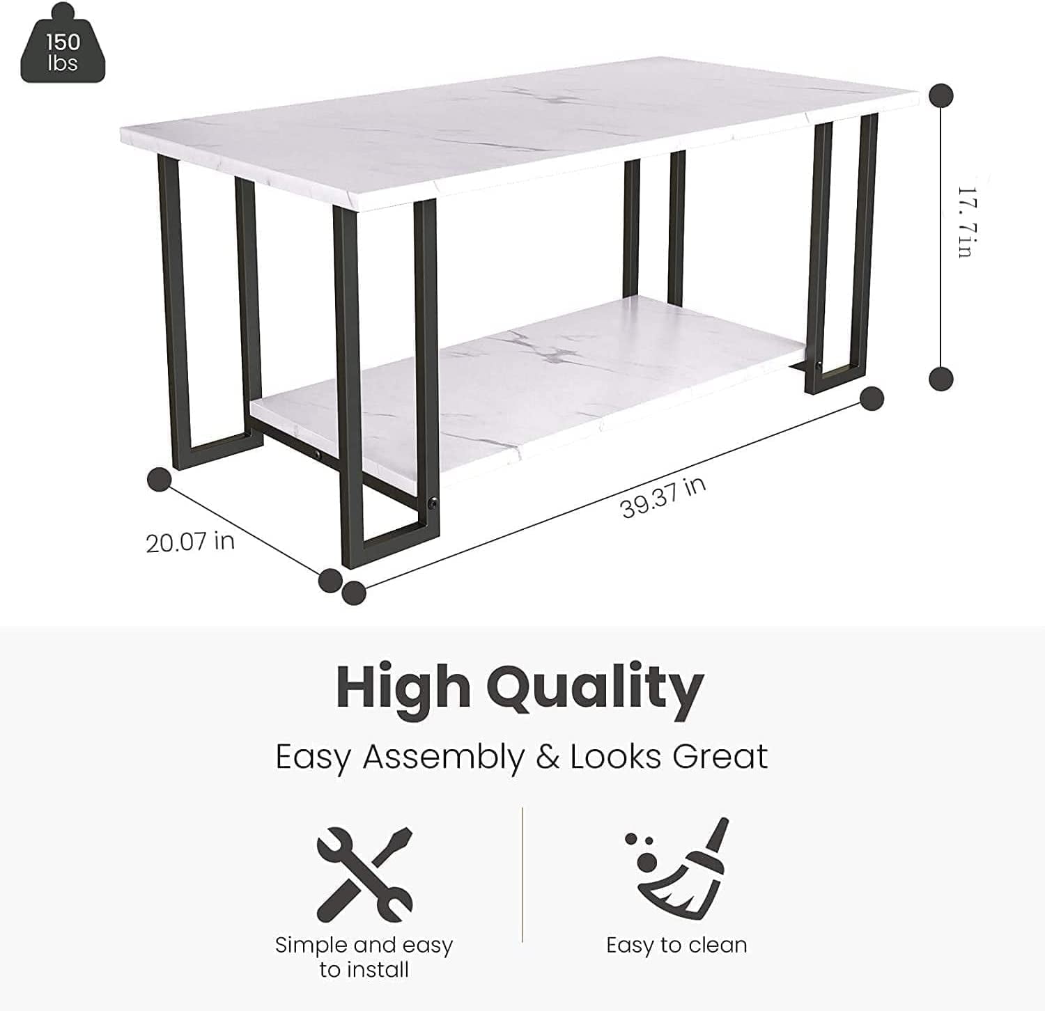 Cvortll Faux Marble Coffee Table With Metal Frame,Coffee Tables for Living Room With Storage,Durable and Dirt Resistant, Easy to Clean,White