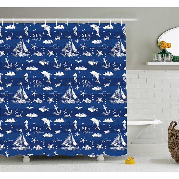 Navy Blue Decor Shower Curtain Set By , Sailboat Over Vertical Stripe