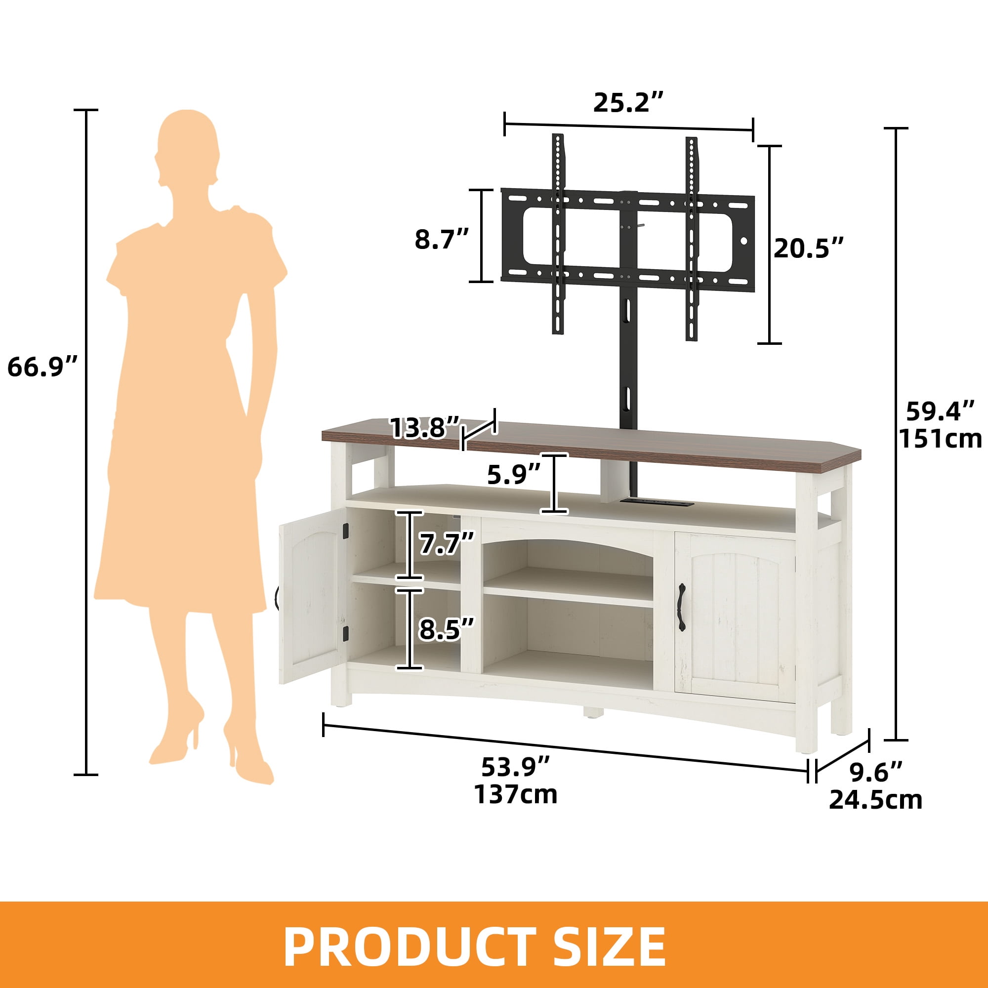 Craftian TV Stand with Mount & LED Lights, Farnhouse Entertainment Center with Power Hub for 70 Inch TV, Warm White