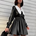 thumbnail image 1 of Femmes Faux Cuir à Col Manches Longues Taille Élastique une Ligne Robe Décontractée Mode Noir Mignon Mini-Robe, 1 of 5
