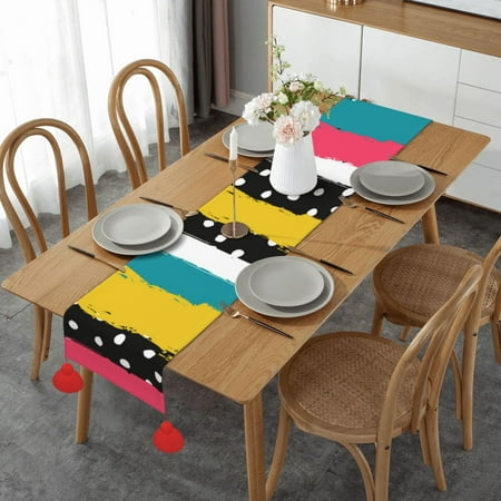 

Dots Striped Table Runner Imitation Linen Table Runner With Red Tassels For Party And Dining Room 14 x 60