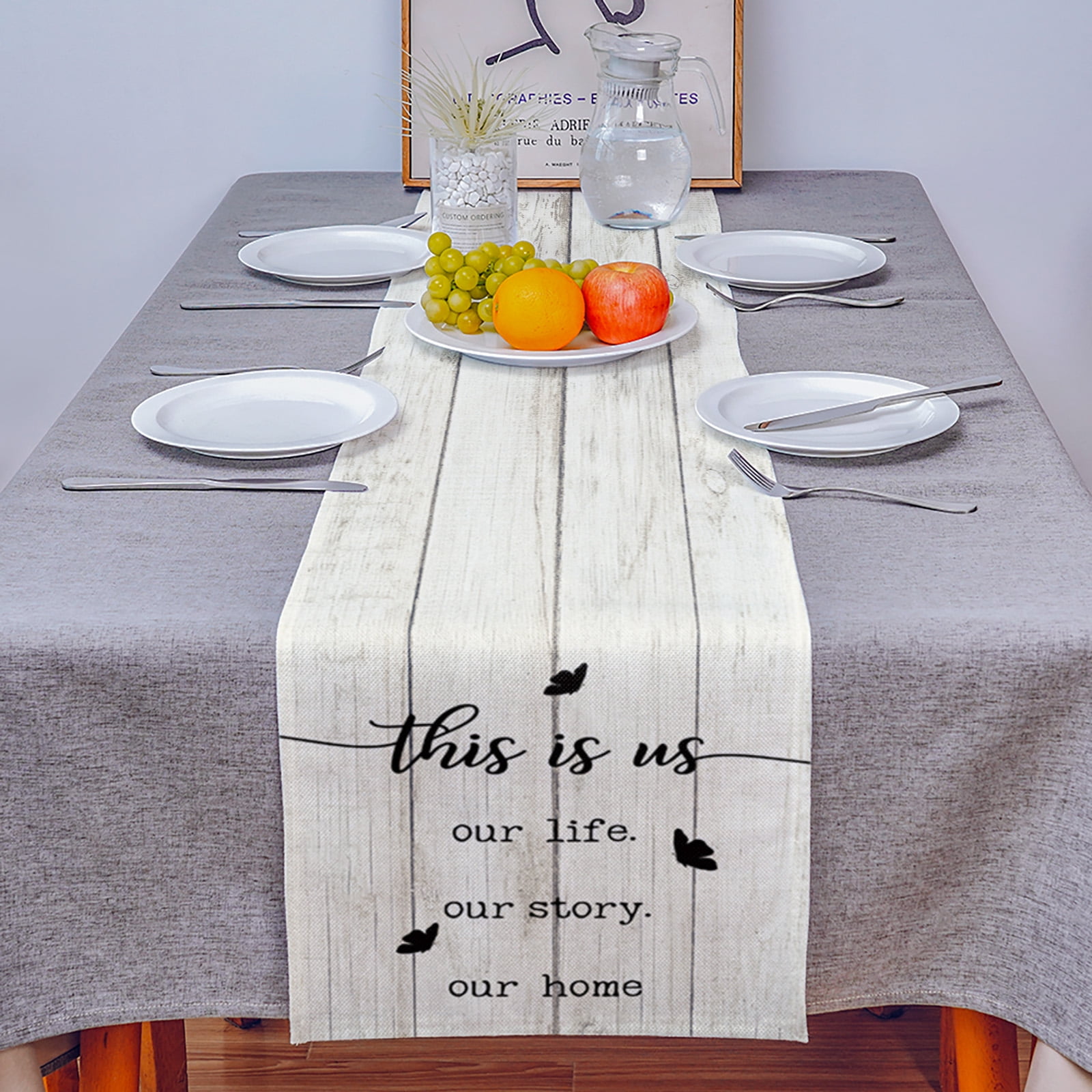Table Runner Dresser Scarves 90 Inch Long, Vintage Farmhouse Wooden Board Linen Dining Table Runners This is Us Our life Our Story Our Home Tabletop Scarf for Wedding Holiday Party Kitchen