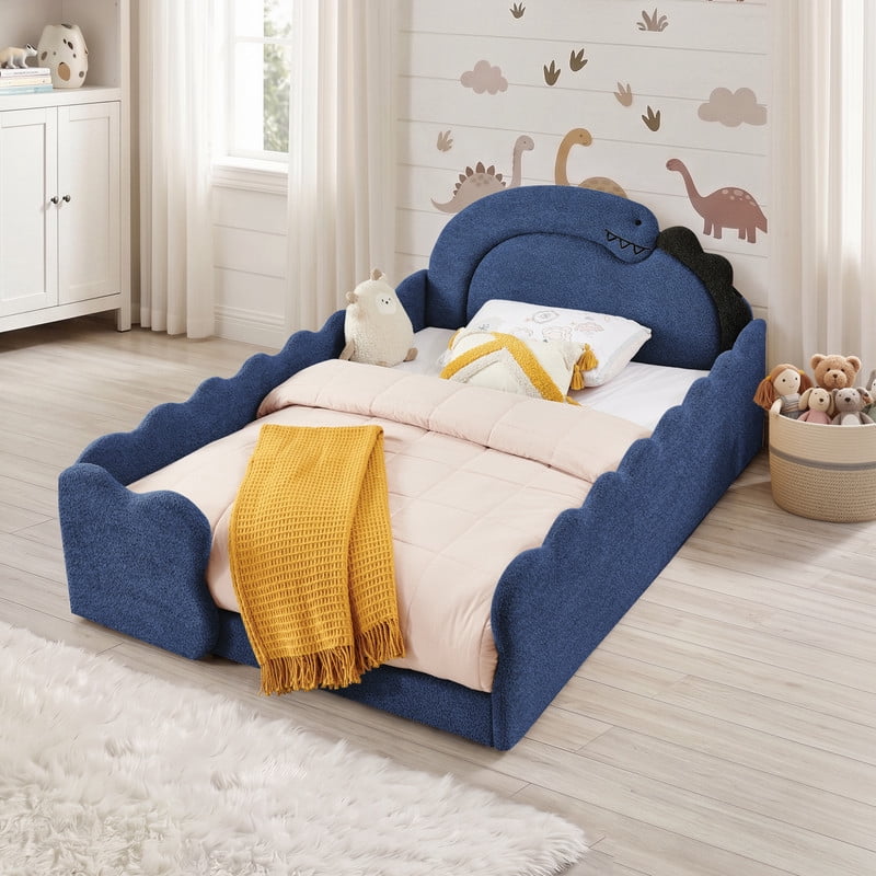 Avobird Full Size Cute Dinosaur-Shaped Kids Bed with Safety Guardraild, Solid Wood Toddler Bed Frame for Children for Bedroom, Boucle Fabric, Navy Blue