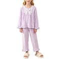 thumbnail image 2 of YunPes Girls Cute Loungewear Set Lace Trim Square-Neck Bubble Crinkle Blouse and Ruffle Pants Kids Soft Lightweight Spring Fall Outfits, 2 of 6