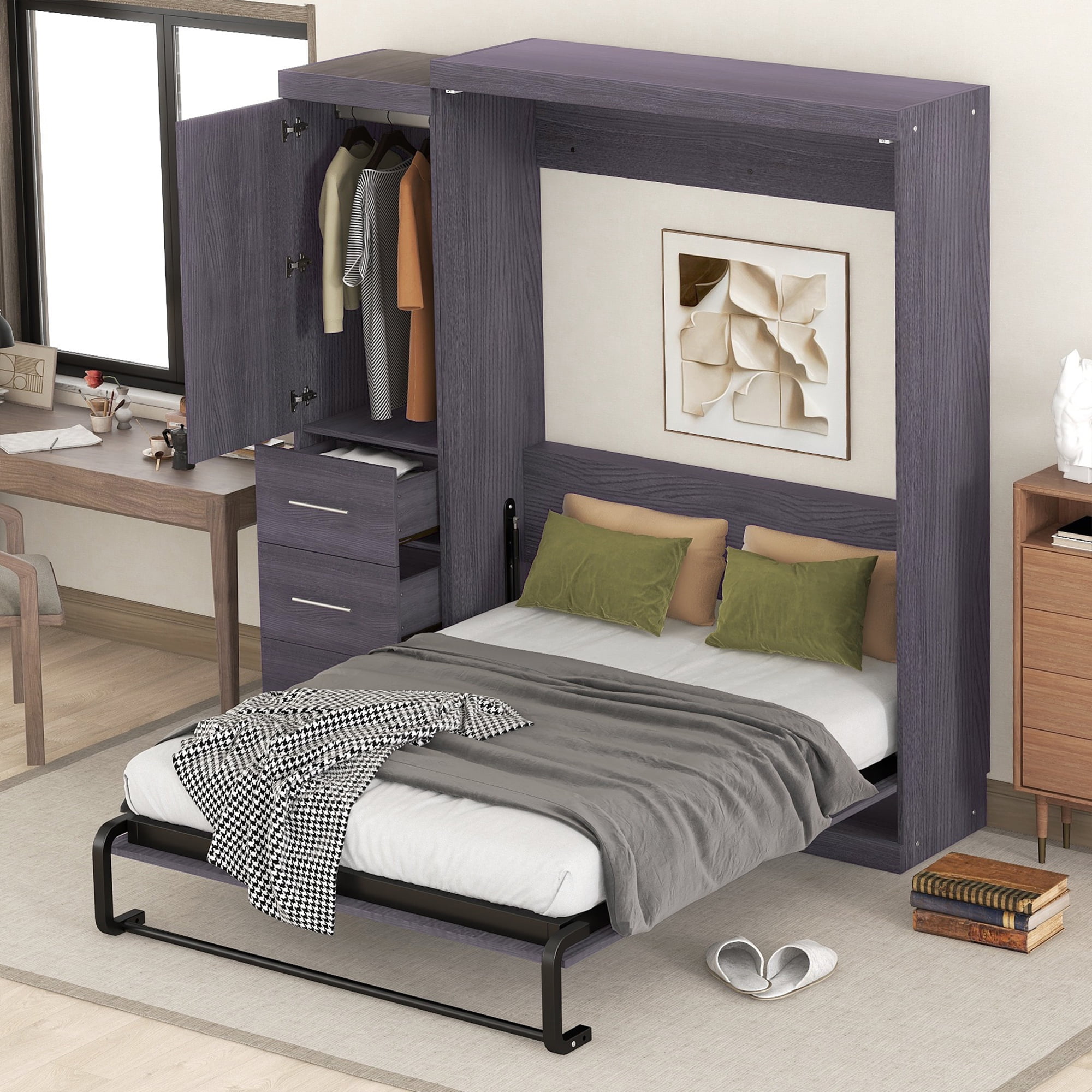 Euroco Wood Full Size Murphy Wall Bed with Wardrobe and Drawers for Living Room, Moveable Wardrobe and Drawers, Space-Saving & Easy Open and Close, Gray