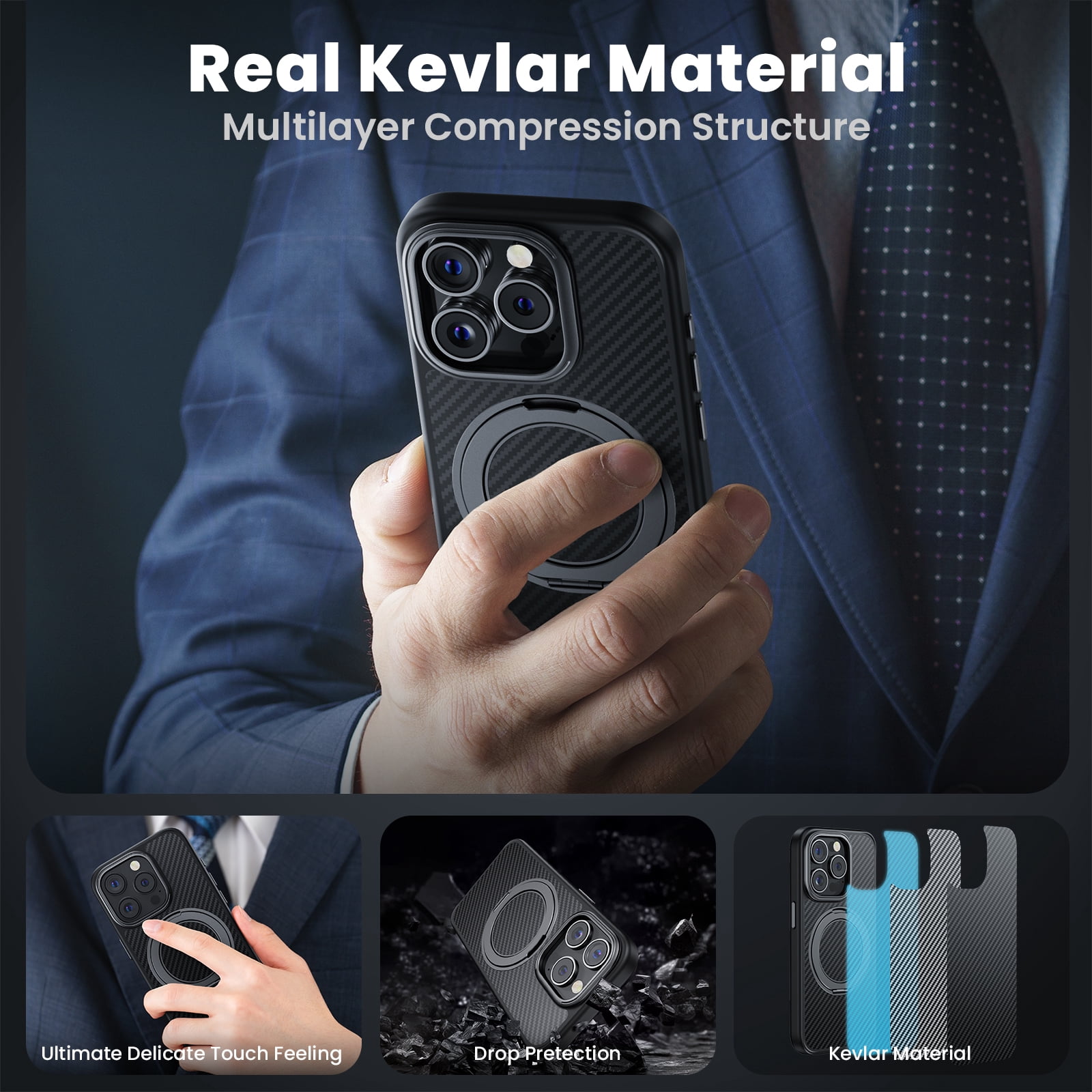 TOPVISION Magnetic Phone Case for iPhone 15 Pro, Kevlar Case with Ring Stand, MagSafe Compatible