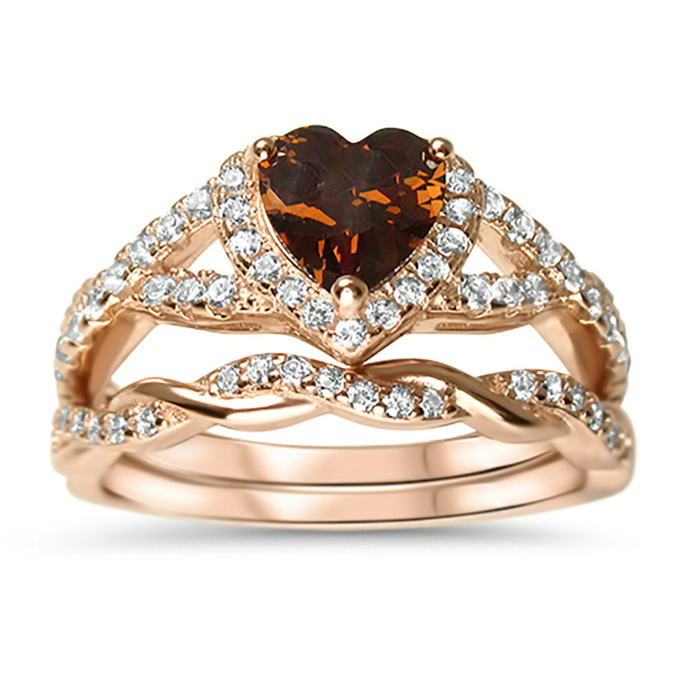 LaRaso & Co 1 Carat Chocolate Diamond Heart CZ Wedding Ring Set 14K