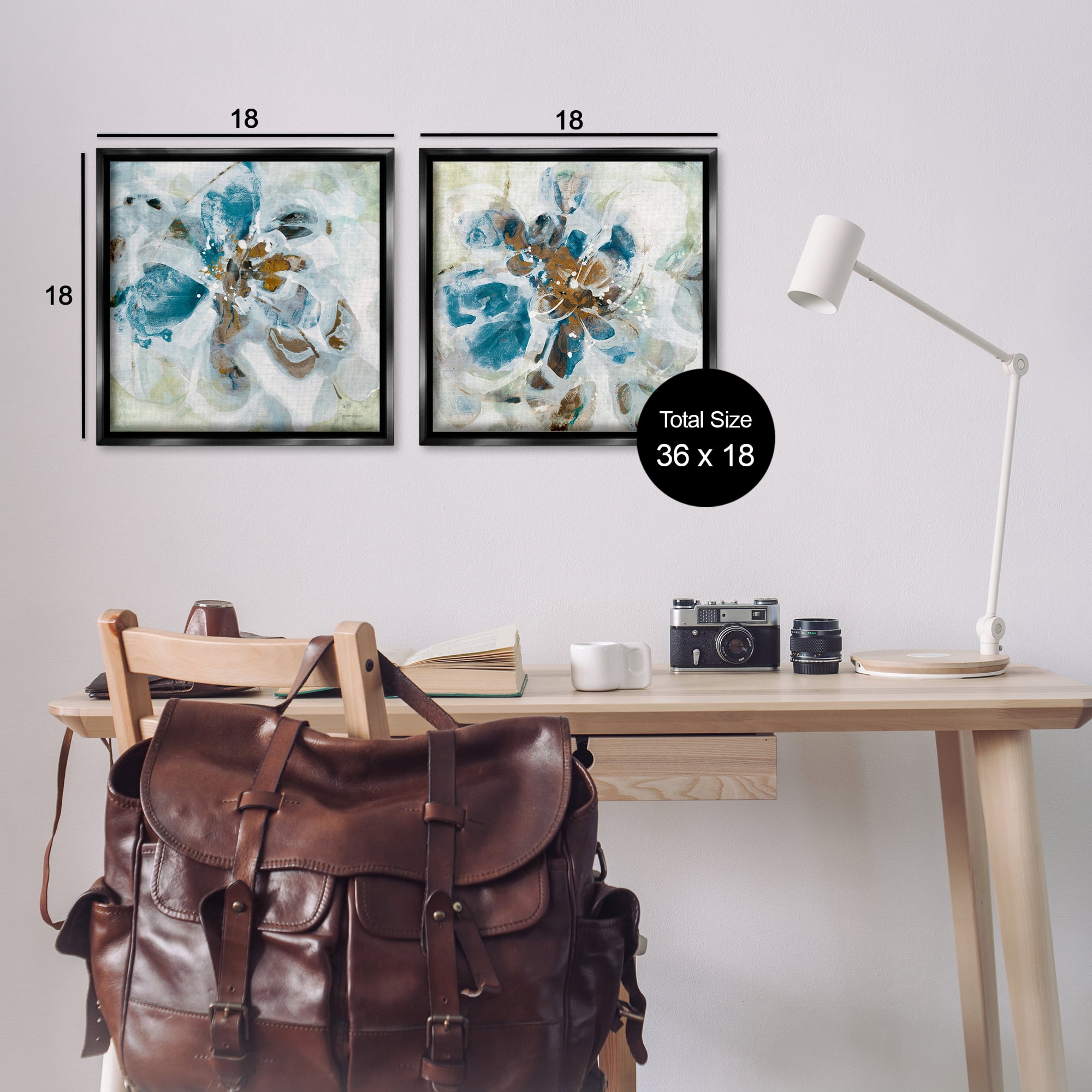 Stupell Industries Teal Abstract Flower Petals Abstract Painting Black Floater Framed Canvas Art Print Wall Art, 18 x 18, Set of 2