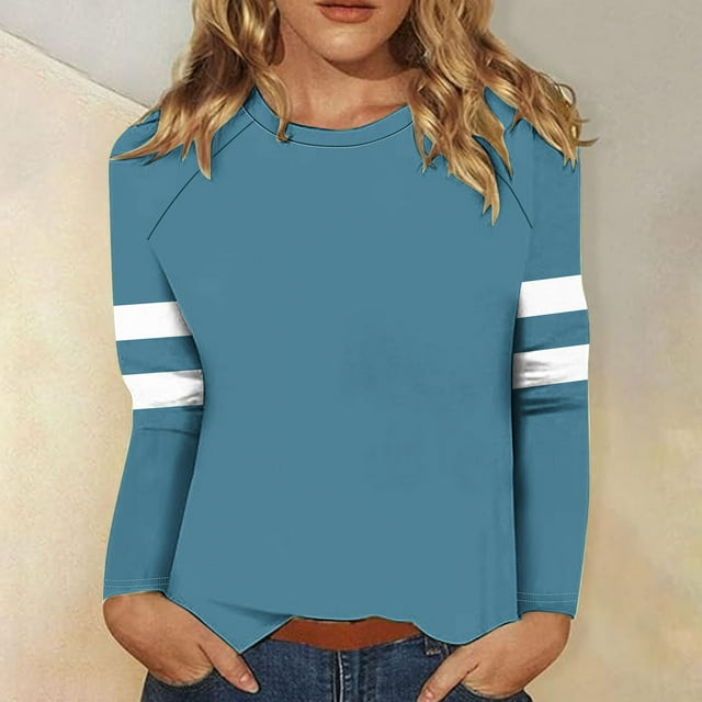 FcBaudy Hauts pour Femmes, Blouses & Chemises à Manches Longues Col Rond, Chemises pour Femmes T-shirt Décontracté à Manches Longues Col Rond Épaule Couture Ample Blouse en Polyester pour Femmes