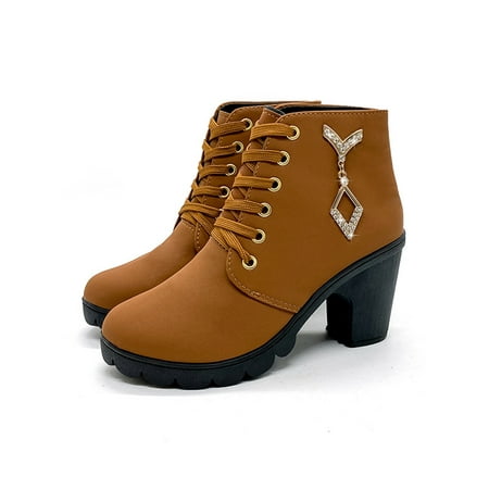 

Kesitin Ladies Anti-Slip Chunky Block Winter Shoes Outdoor Ankle Boots Comfort Round Toe Brown 7