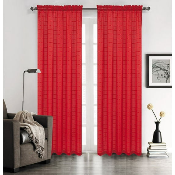 Set of 2 Lily Plaid Sheer Curtains, Rod Pocket Top, Red
