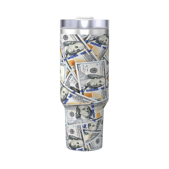 Money Bills Cup Insulated Tumbler Stainless Steel Vacuum Travel Mug 40 oz with Handle and Straw Lid