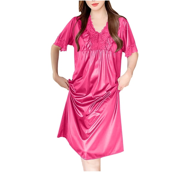 Lorytime Womens Robes Lightweight Plus Size Silk Lace Bathrobes V Neck Short Sleeve Pajamas Cute Sleepwear Pink Free Size