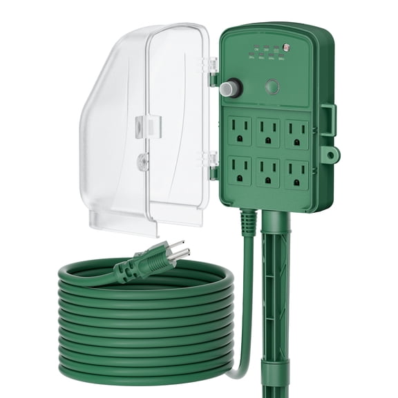 DEWENWILS 25FT Outdoor Power Stake Timer with 6 Outlets, 125VAC 15A, Light Sensor & Overload Protection, 4 Modes (Always On/Off/Photocell/Timer), Weatherproof, Green