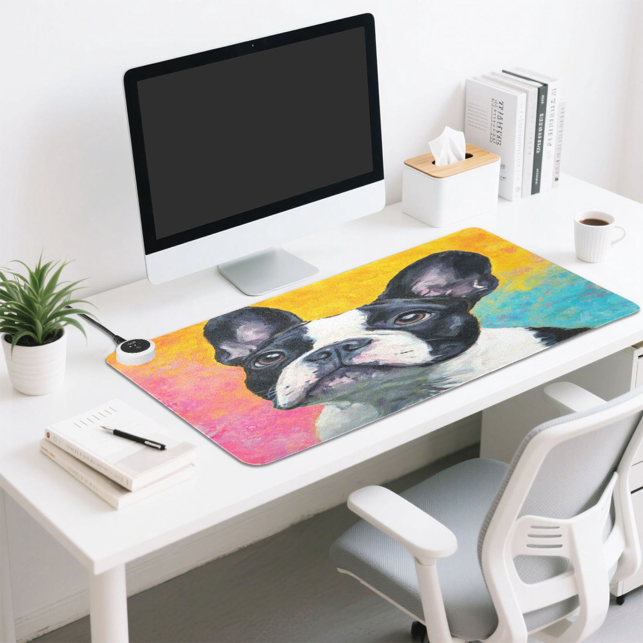 Large Heated Desk Mat Mouse Pad 31.5"x13"PU Leather Graphene Heating Desk Warmer with 3 Temperature Settings 110V US Plug Non-Slip Warm Pad for Home, Office, and Gaming Rainbow French Bulldog Canvas