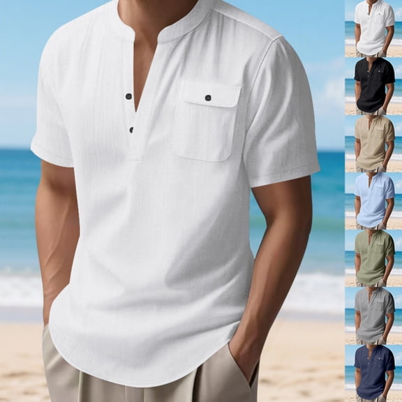FRSASU Men's Summer Brach Beach Henley Shirts Cotton V-Neck Shirt Casual Stand Collar Hippie Pullover White