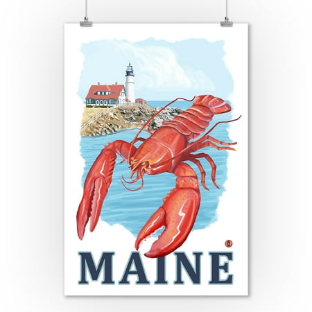 Maine - Lobster & Portland Lighthouse - Lantern Press Artwork (9x12 Art Print, Wall Decor Travel