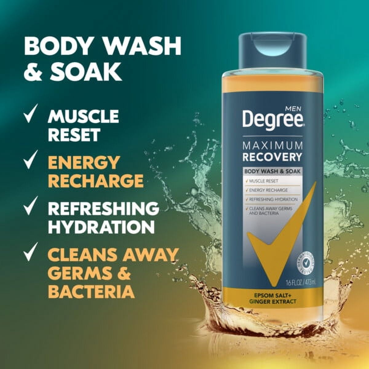 Degree Men Maximum Recovery Body Wash and Bath Soak Ginger Extract, 16 oz