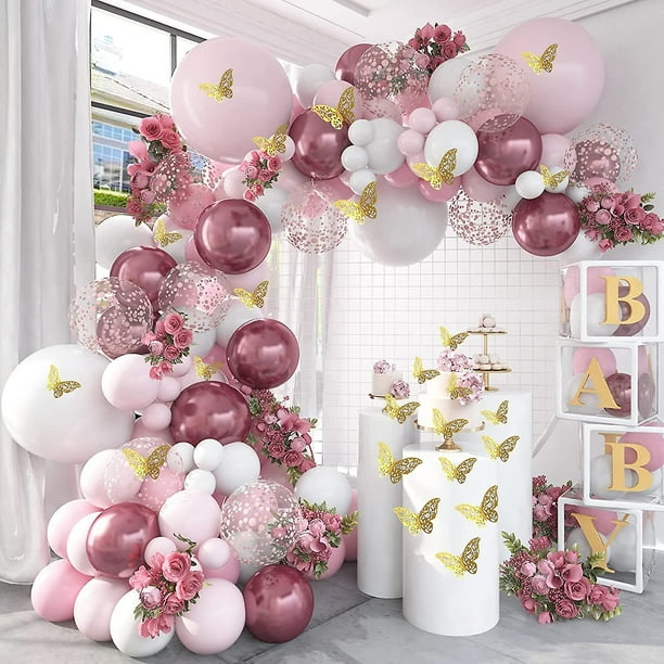 Decoraciones de Baby Shower para Niña 140 Piezas YONGSHENG Guirnalda de Globos Rosa Metálico Kit de Arco de Globo Blanco Rosa Pegatinas de Mariposa Confeti de Oro Rosa