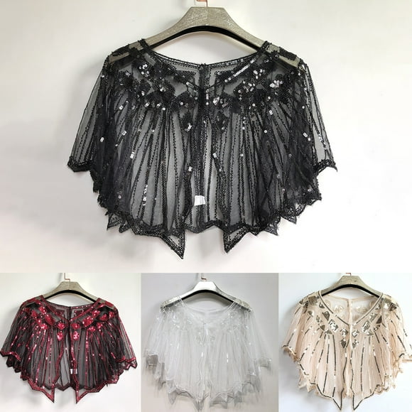 Visland Women Cape Crochet Lace All-match Mesh Summer Beaded Sequin Shrug Flapper Dress Shawl for Party