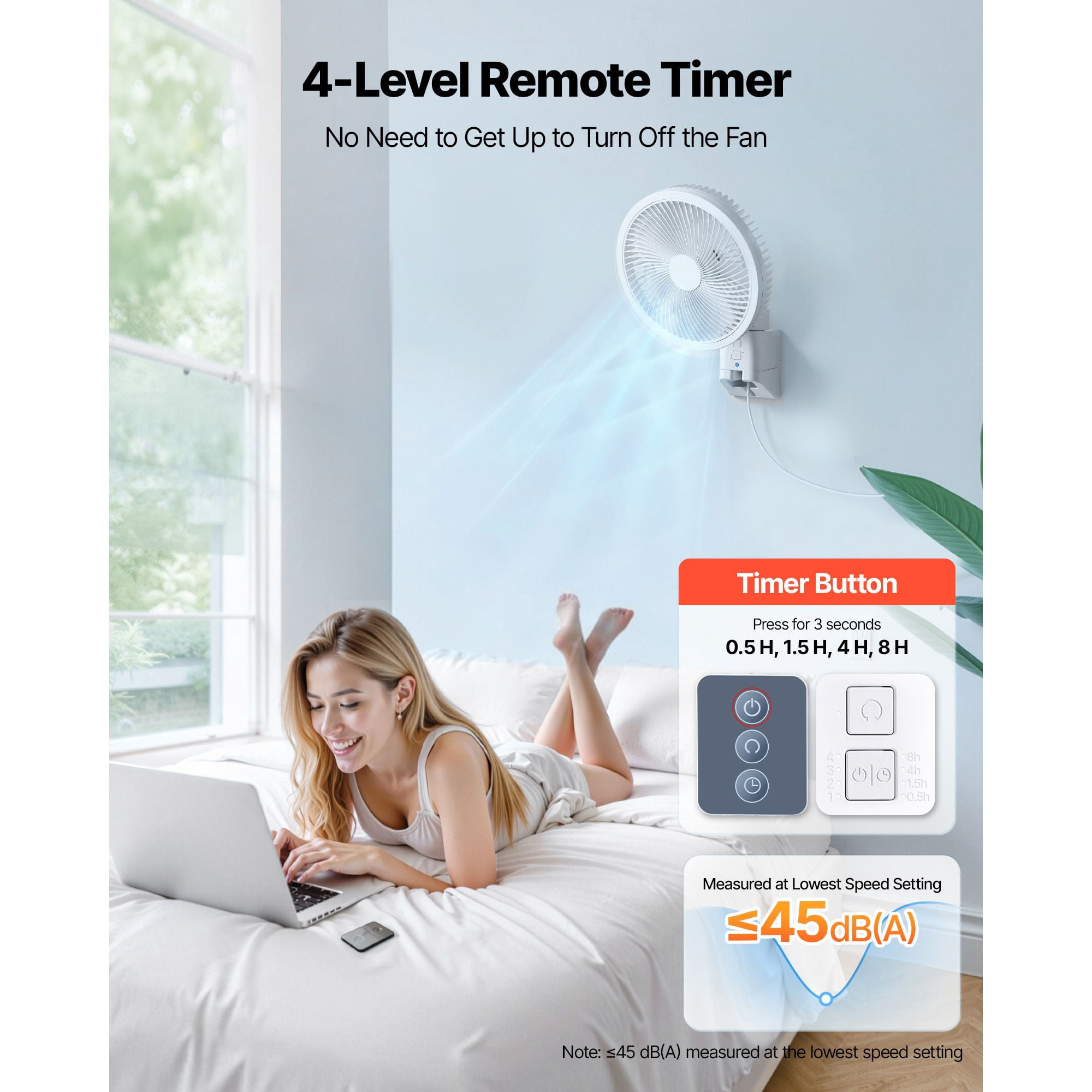 Wall Mount Fan 8.5 Inch, Oscillating with Remote Control, 90° Horizontal and 120° Vertical Tilt, 10ft Airflow, 4 Speeds and Timer, DC Motor Quiet Operation