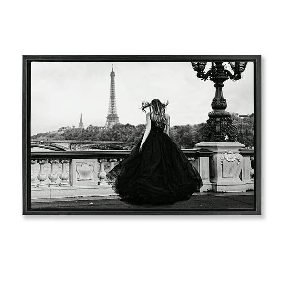 Stupell Industries Girl in Gown Cityscape People Photography Black Floater Framed Canvas Art Print Wall Art, 25 x 17