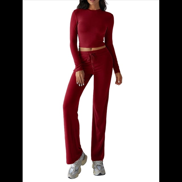 Conjuntos de 2 Piezas para Mujer, Larga, Cuello Redondo, Pantalones Acampanados de Cintura Alta, Conjuntos de Chándal, Ropa de Calle. Vino Tinto M